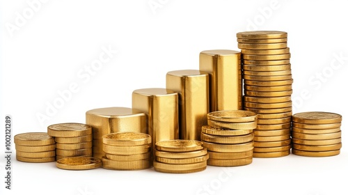 Stack of coins and gold bars , house, a bar chart with 3 bars, the bars are gold on white background