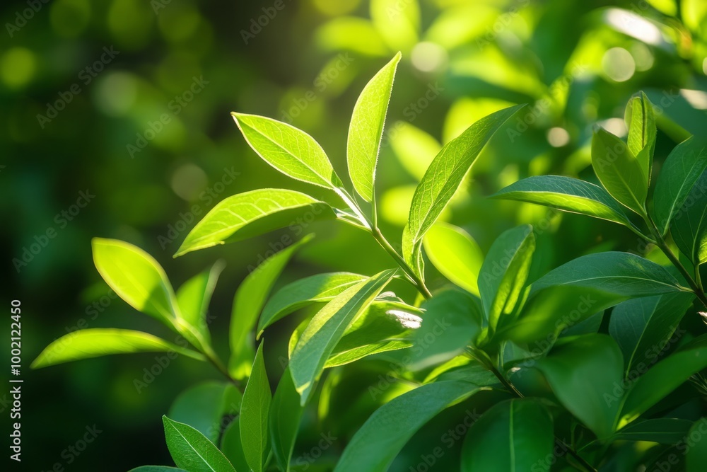 Close-up of fresh green leaves illuminated by natural light. Close-up of fresh green leaves illuminated by natural light.