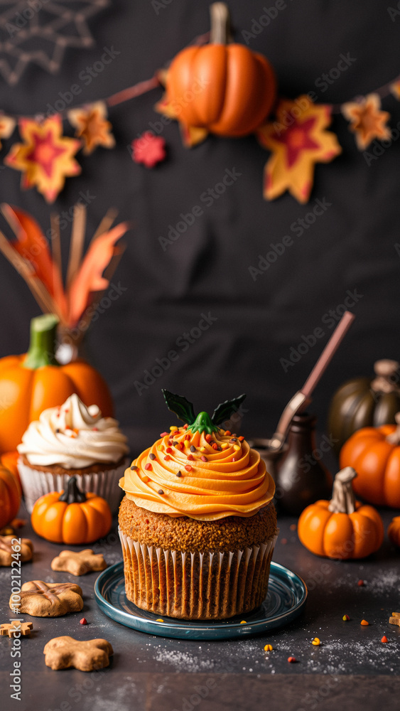 Pumpkin spice cupcake with fall decorations Pumpkin spice cupcake with fall decorations