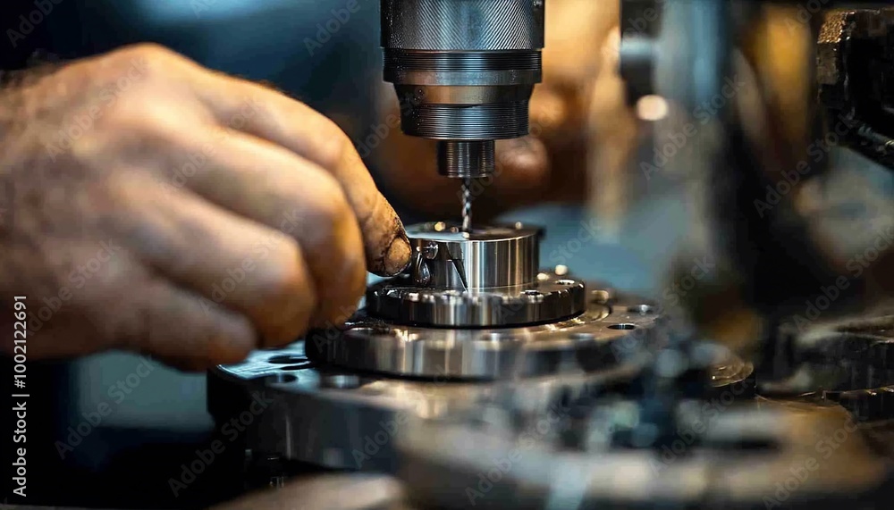 A worker's hands are shown operating a drill press. A worker's hands are shown operating a drill press.
