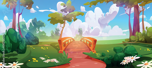 Forest landscape with bridge on river background. Cartoon fairytale summer nature valley with grass, bush and flowers. Garden environment and crossing construction with railing. Sunny game drawing