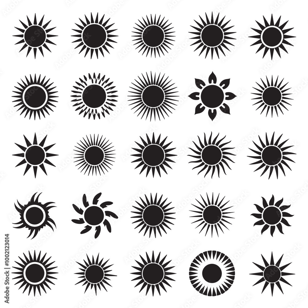 Sun icon element vector collection. Hand drawn black brush strokes, circles and rays. Loose black shapes isolated on white background. Sunlight painted with brush. sun set icon vector illustration, Sun icon element vector collection. Hand drawn black brush strokes, circles and rays. Loose black shapes isolated on white background. Sunlight painted with brush. sun set icon vector illustration,