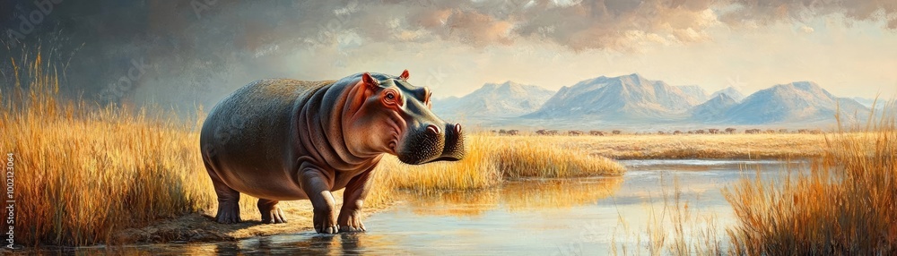 Charming young hippo walking alongside a river in the savanna, distant mountains under a dramatic sky, wilderness in perfect harmony, ultra-realistic textures Charming young hippo walking alongside a river in the savanna, distant mountains under a dramatic sky, wilderness in perfect harmony, ultra-realistic textures