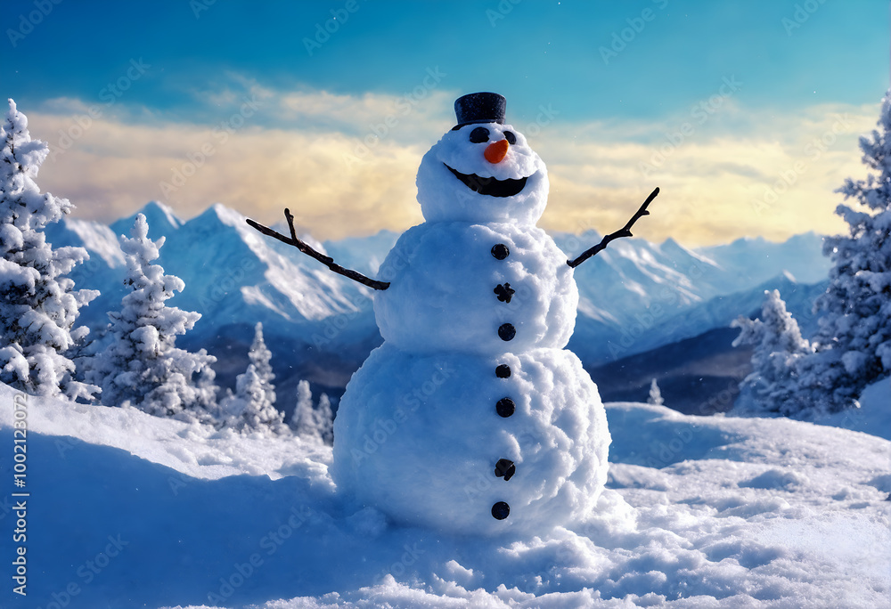 Obraz premium Funny snowman in winter mountain scenery. Merry christmas and happy new year.