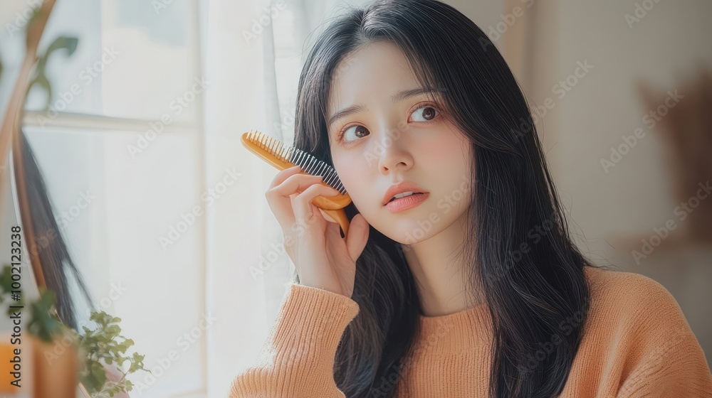 Young woman with long black hair brushing her hair in front of a mirror. Young woman with long black hair brushing her hair in front of a mirror.