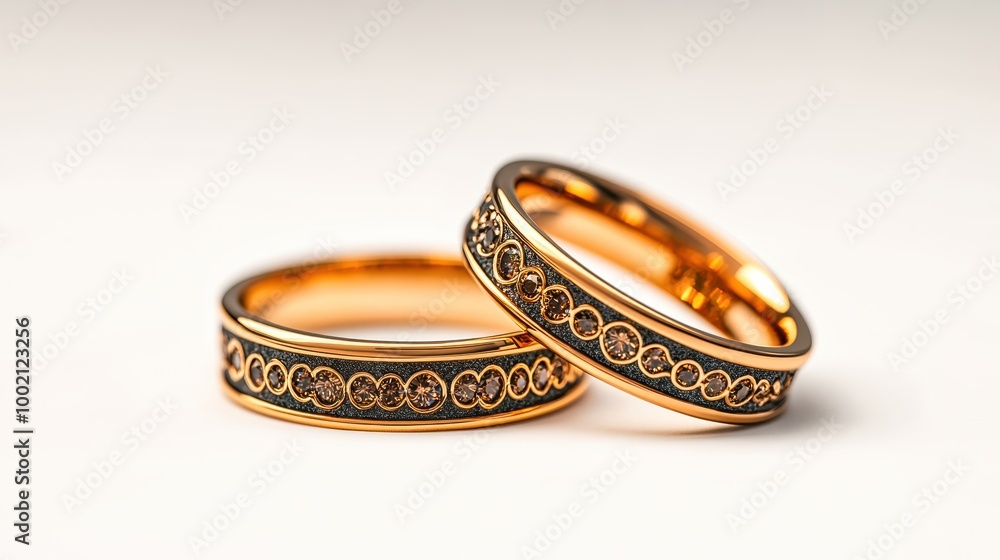 Two golden wedding rings resting on a white surface Two golden wedding rings resting on a white surface