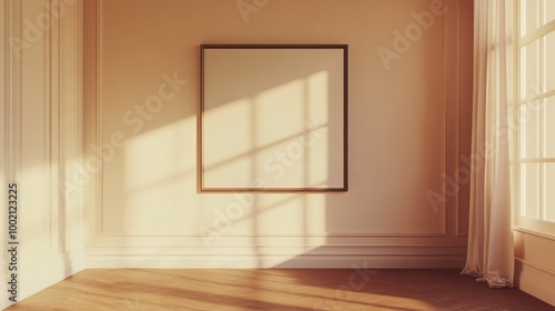 Wallpaper Mural Mock up frame in a calm, empty room with soft sand-colored walls, no furniture, high detail in the wall and floor textures, 3D render Torontodigital.ca