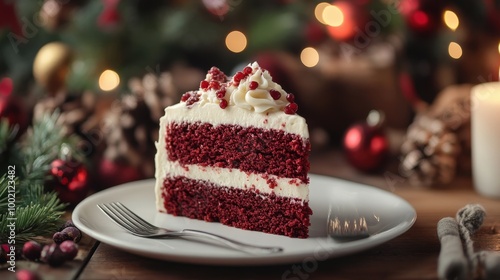 A decadent slice of red velvet cake with cream cheese frosting, served on a white plate with a fork, set against a festive backdrop.