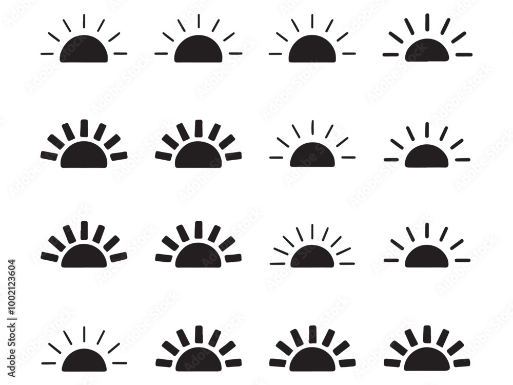 Sun icon element vector collection. Hand drawn black brush strokes, circles and rays. Loose black shapes isolated on white background. Sunlight painted with brush. sun set icon vector illustration, Sun icon element vector collection. Hand drawn black brush strokes, circles and rays. Loose black shapes isolated on white background. Sunlight painted with brush. sun set icon vector illustration,