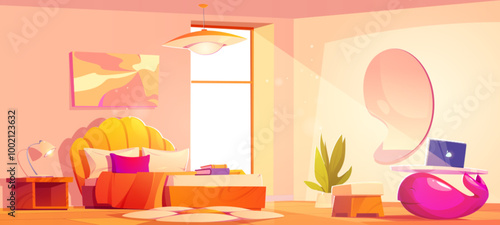 Home bedroom interior. House room inside vector with groovy furniture. Mirror on wall, chamomile carpet and clean window for modern hotel apartment. Cozy girly indoor design with computer on table
