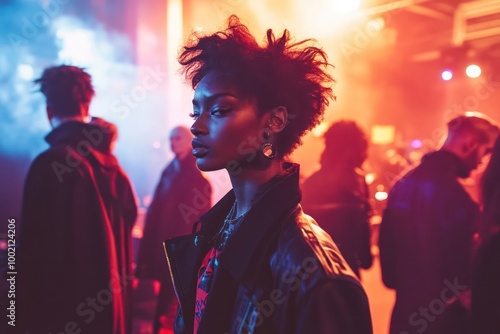 Wallpaper Mural Young woman with short, curly hair wearing a leather jacket,  at a dimly lit party with red and blue lights. Torontodigital.ca