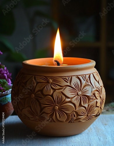 A beautifully crafted Diwali diya lamp, glowing warmly with intricate floral carvings, perfect for celebrating Diwali or enhancing festive decor.