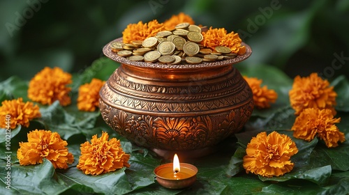 Wallpaper Mural Golden pot of prosperity adorned with marigolds for Diwali. Ideal for designing festive invitations or decorations celebrating wealth and abundance during Hindu festivals. Torontodigital.ca