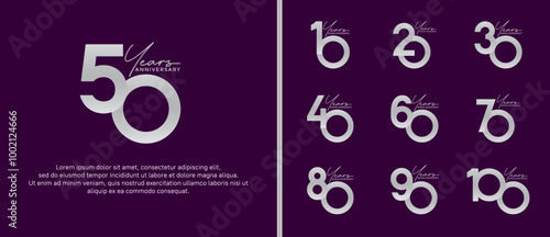 set of anniversary logo flat silver color on purple background for celebration moment