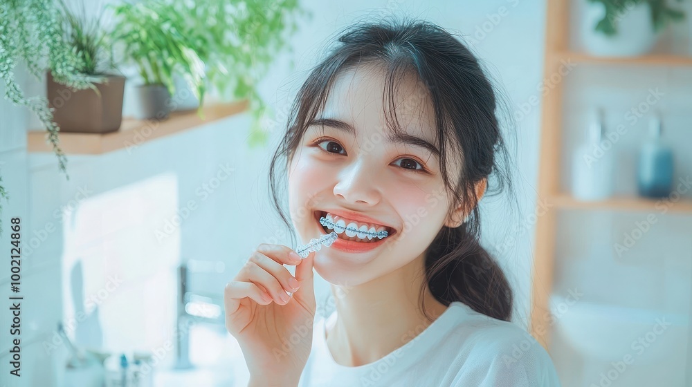 Young woman with braces smiling and holding a retainer in her hand. Young woman with braces smiling and holding a retainer in her hand.
