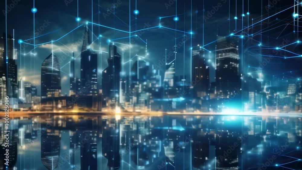 Glowing network of nodes above a city at night symbolizes digital connection and innovation, blending design elements for a futuristic urban scene Glowing network of nodes above a city at night symbolizes digital connection and innovation, blending design elements for a futuristic urban scene