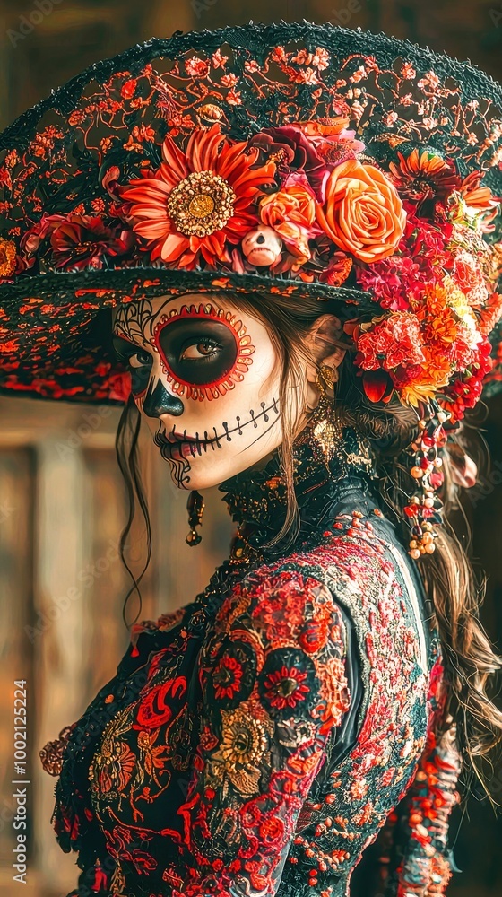 Fototapeta premium Woman wearing traditional day of the dead costume posing with flowers