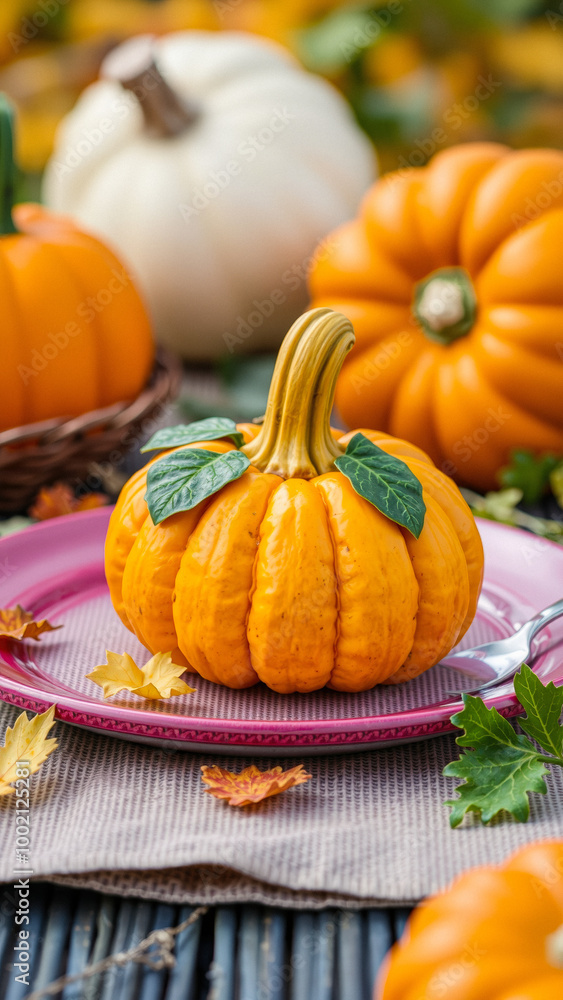 Single Pumpkin on Pink Plate with Autumn Leaves Single Pumpkin on Pink Plate with Autumn Leaves