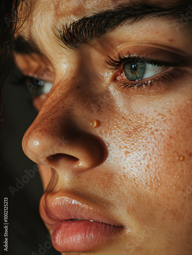 A close-up of a person's face in a moment of quiet sadness, with downcast eyes, slightly quivering lips, and a tear rolling down their cheek.