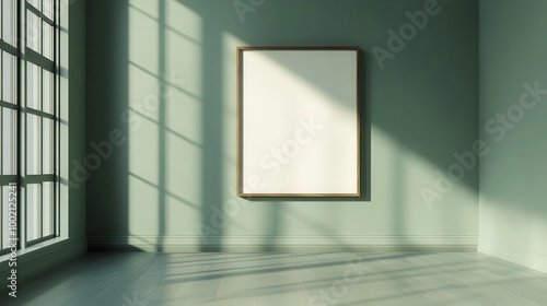 Mock up frame in a modern, empty room with muted green walls and no decorations, fine details in the wall paint and floor texture, 3D render