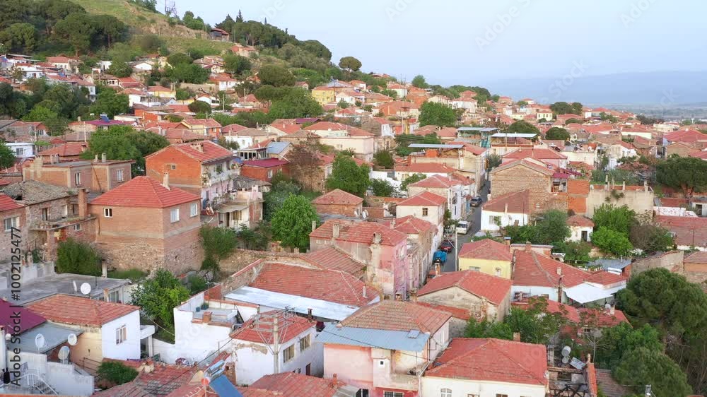 Aerial view of the historical Greek stone houses in the castle neighborhood of Bergama with a drone Aerial view of the historical Greek stone houses in the castle neighborhood of Bergama with a drone