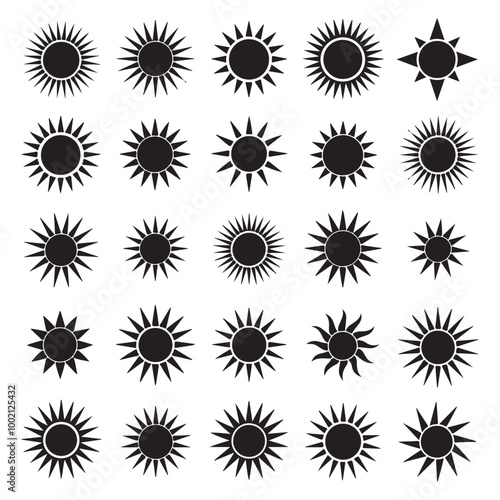 Sun icon element vector collection. Hand drawn black brush strokes, circles and rays. Loose black shapes isolated on white background. Sunlight painted with brush. sun set icon vector illustration,