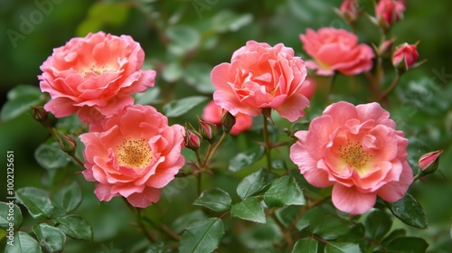 Vibrant pink roses blooming in a lush garden during a sunny afternoon, showcasing their delicate petals and greenery