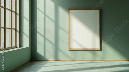 Mock up frame in a modern, empty room with muted green walls and no decorations, fine details in the wall paint and floor texture, 3D render 