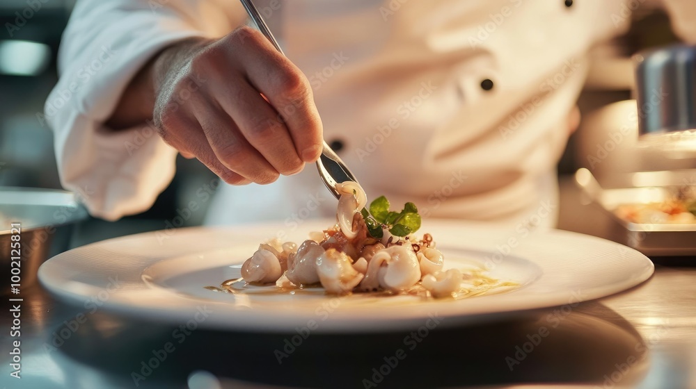 A chef plating a gourmet squid dish in an upscale restaurant, emphasizing the elegance and creativity of modern seafood cuisine. A chef plating a gourmet squid dish in an upscale restaurant, emphasizing the elegance and creativity of modern seafood cuisine.