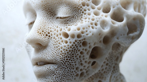 A close-up of a 3D printed human face with a textured surface of small bubbles. photo