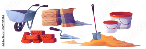 Building material pile. Brick stack vector icon. Concrete powder in sack, spatula, bucket and shovel in sand heap. House construction element set for game. Stacked heavy and rough production graphic