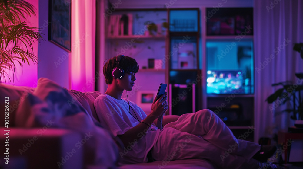 Fototapeta premium Happy Asian Gamer Playing Online Video Game with Smartphone in Neon Light - Esports Streaming at Home