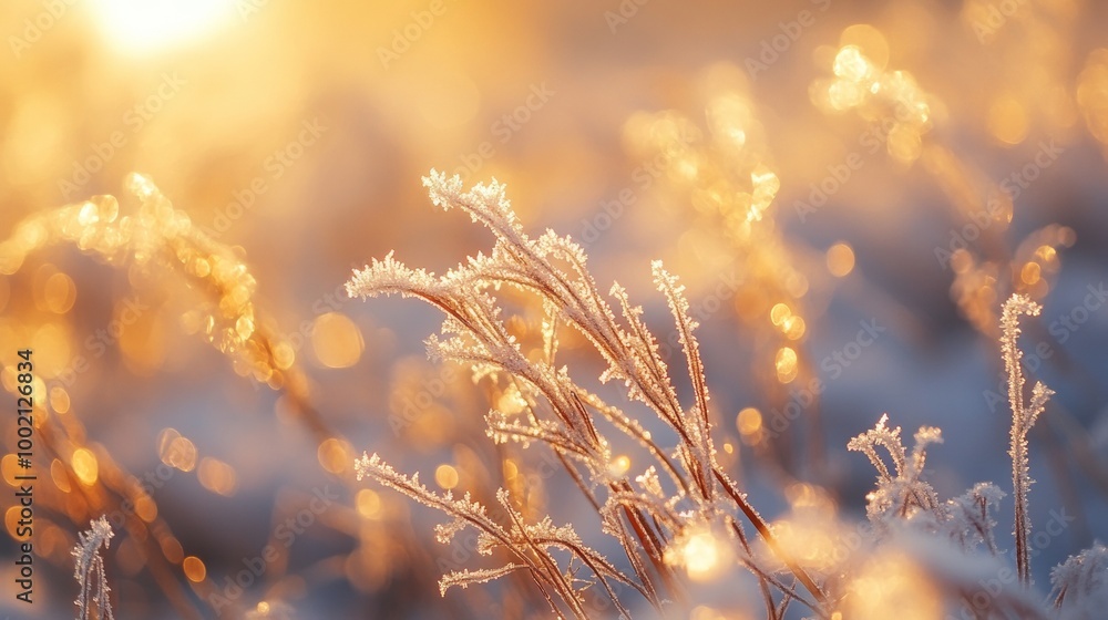 Glazed ice on the branch plants. Hoarfrost on the leaves of grass. Amazing cold and warm feel from the color. Glazed ice on the branch plants. Hoarfrost on the leaves of grass. Amazing cold and warm feel from the color.