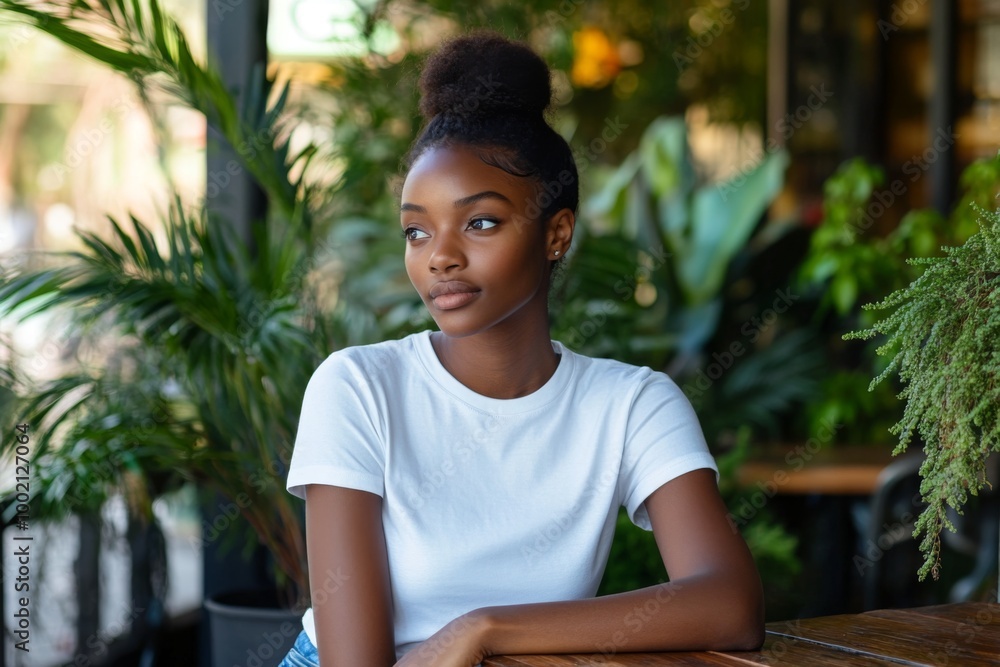 portrait of beautiful african american woman wearing blank white t-shirt mockup, sitting at the table coffee shop portrait of beautiful african american woman wearing blank white t-shirt mockup, sitting at the table coffee shop