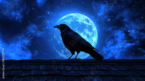 Silhouette of a raven against a full blue moon and starry night sky, creating a captivating and mysterious atmosphere.