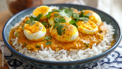 Flavorful Indian dish featuring egg curry and fluffy rice.