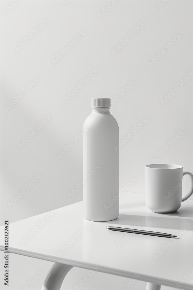 Sleek blank white bottle resting on a spotless white desk in a well-lit workspace. Branding mockup concept Sleek blank white bottle resting on a spotless white desk in a well-lit workspace. Branding mockup concept