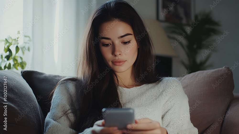 A young woman with long dark hair is sitting on a couch and looking at her phone. She is wearing a white sweater and has a serious expression on her face. A young woman with long dark hair is sitting on a couch and looking at her phone. She is wearing a white sweater and has a serious expression on her face.