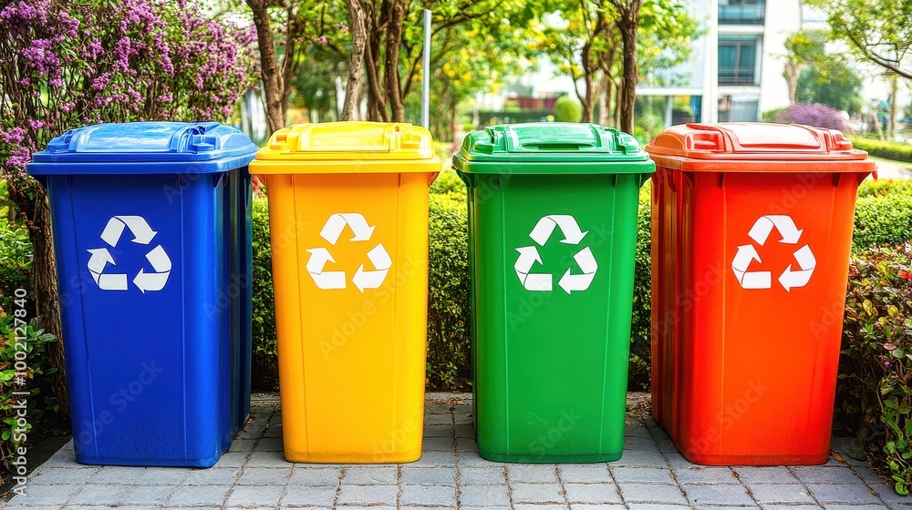 Four recycling bins standing in front of green wall with recycling sign Four recycling bins standing in front of green wall with recycling sign
