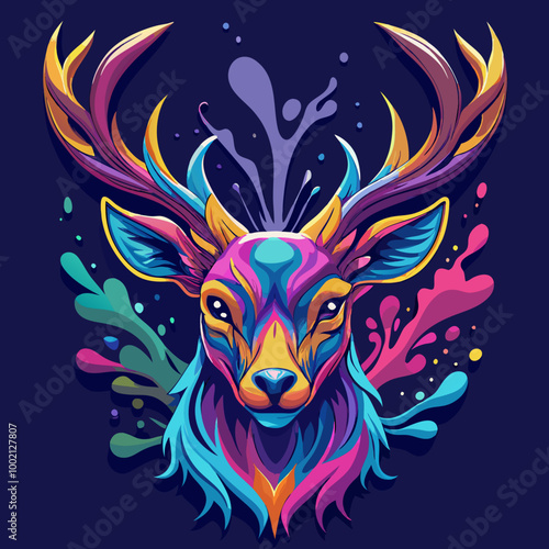 A colorful deer head with rainbow colors and a splash of water