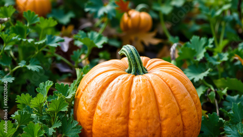 Ripe Orange Pumpkin in a Green Patch
