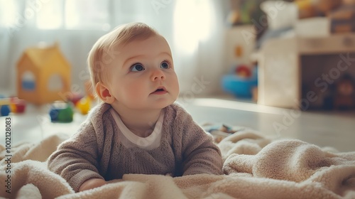 Close-Up of a Lonely Baby Sitting on a Soft Blanket.