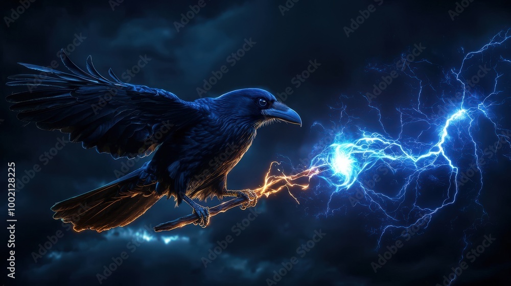 Obraz premium mystical raven wielding lightning, captured against a dark, stormy background.