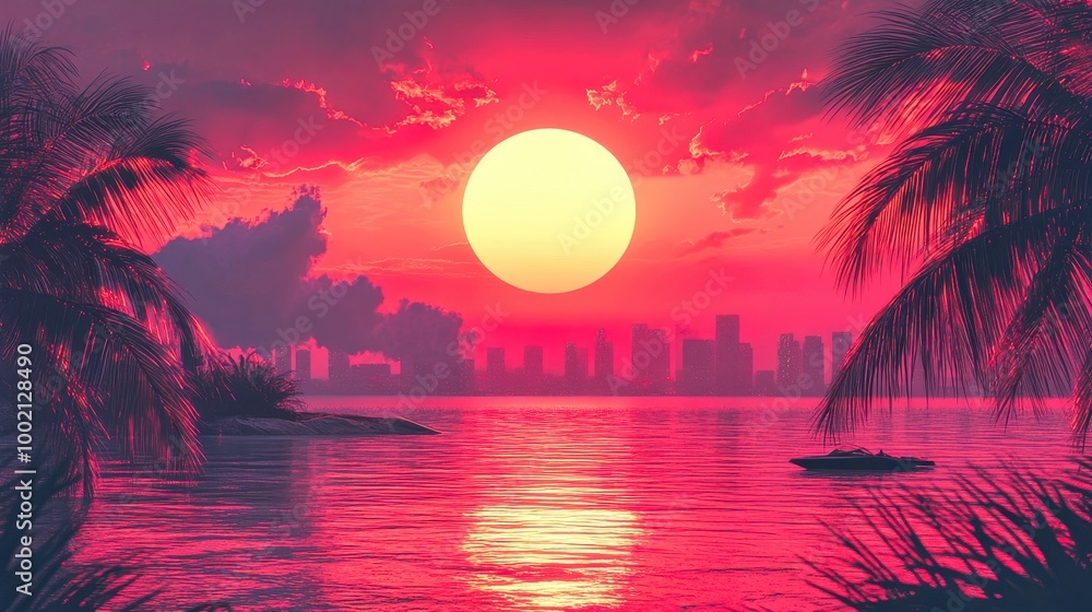 Obraz premium Speedboat is sailing on the ocean during a tropical sunset with a city skyline in the background