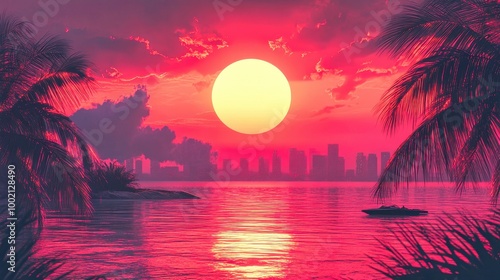 Fototapeta Naklejka Na Ścianę i Meble -  Speedboat is sailing on the ocean during a tropical sunset with a city skyline in the background