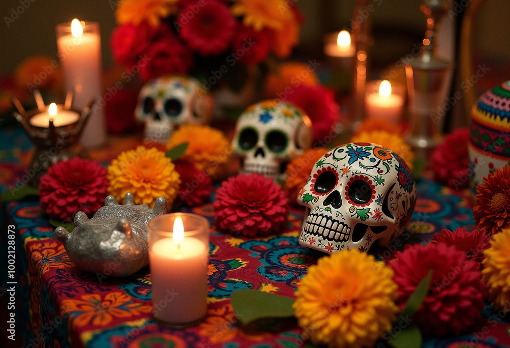 Vibrant Day of the Dead Altar Adorned with Marigolds and Sugar Skulls Vibrant Day of the Dead Altar Adorned with Marigolds and Sugar Skulls