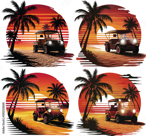 Retro Beach Sunset with Palm Trees and Beach Buggy