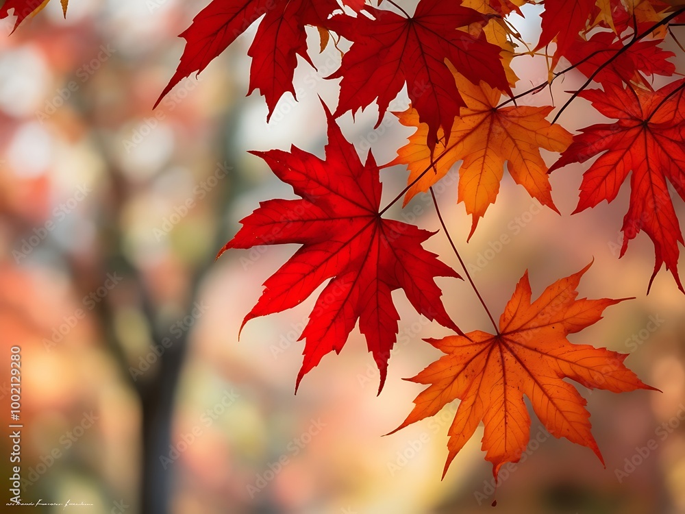 beauty of red and orange maple leaves in autumn. The leaves should be vividly colored, with shades of red, orange, and yellow, highlighting the transition of the season beauty of red and orange maple leaves in autumn. The leaves should be vividly colored, with shades of red, orange, and yellow, highlighting the transition of the season