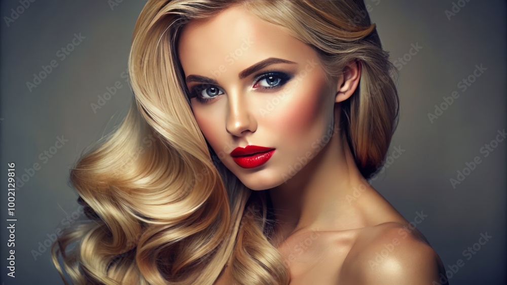 Fototapeta premium Beautiful blond girl with smooth hair and classic makeup showcasing beauty salon and hair care style