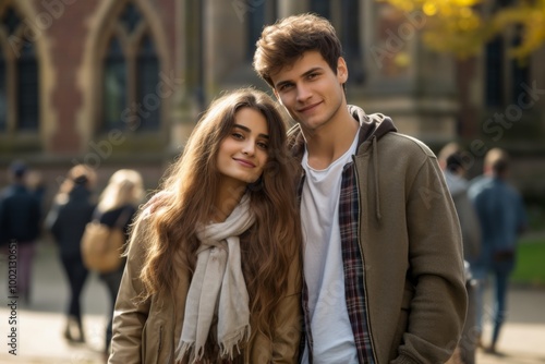 A young man and woman are posing for a picture in front of a building